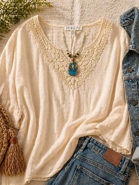 Spense Cream Lace Boho Blouse 2X Flow Top